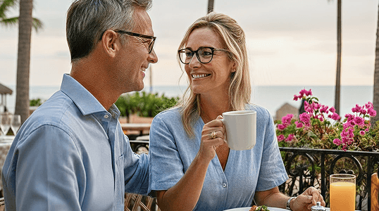 Middle-aged couple discussing vision care options while wearing prescription eyeglasses, representing comprehensive vision insurance coverage